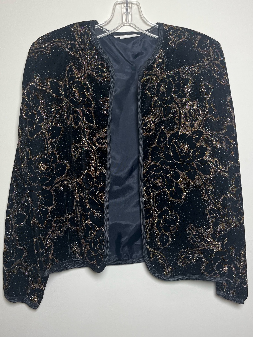 Vintage 90s Whimsigoth Velvet Floral Evening Jacket Gold Glitter Shoulder Pads